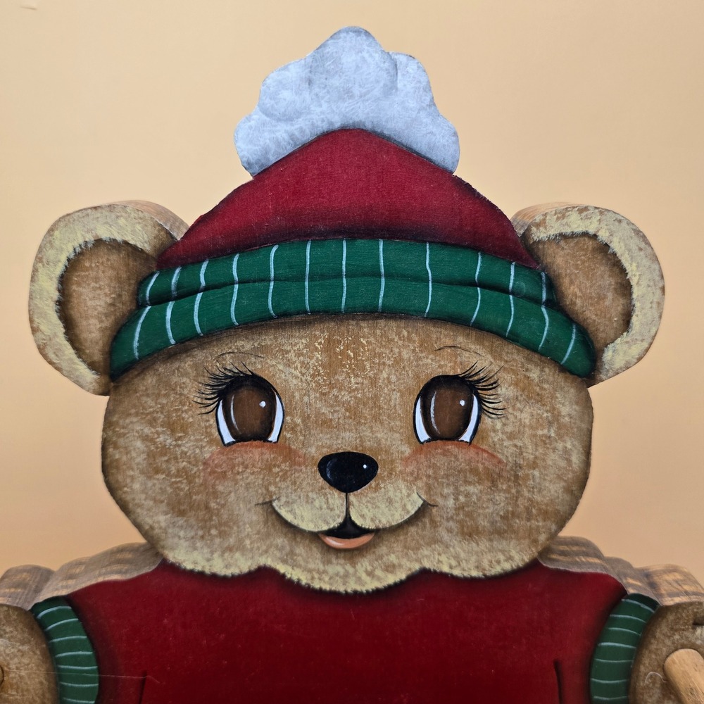 Vintage Christmas Wooden Teddy Bear Towel Holder Hand Painted Folk Art Holiday - Picture 12 of 16